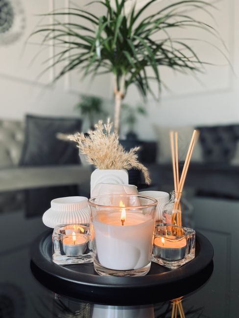 Salón elegante con velas y una planta de interior